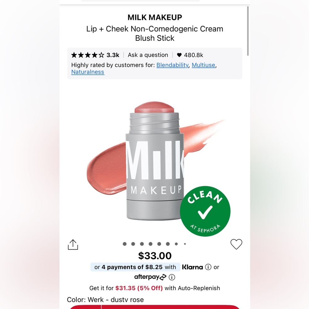 Brand New MILK MAKEUP
Lip + Cheek Non-Comedogenic Cream
Blush Stick